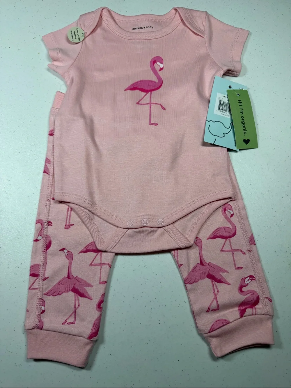 monica + andy organic Pink Flamingo Baby Matching Set 6/9 months
